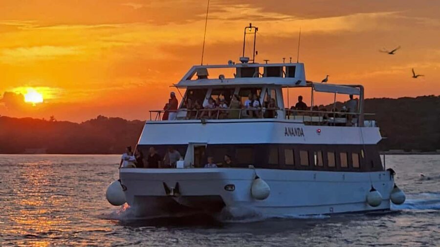 Pula: Dolphin Sunset Cruise to Brijuni with Dinner & Drinks - Passing the Lighting Giants of Uljanik